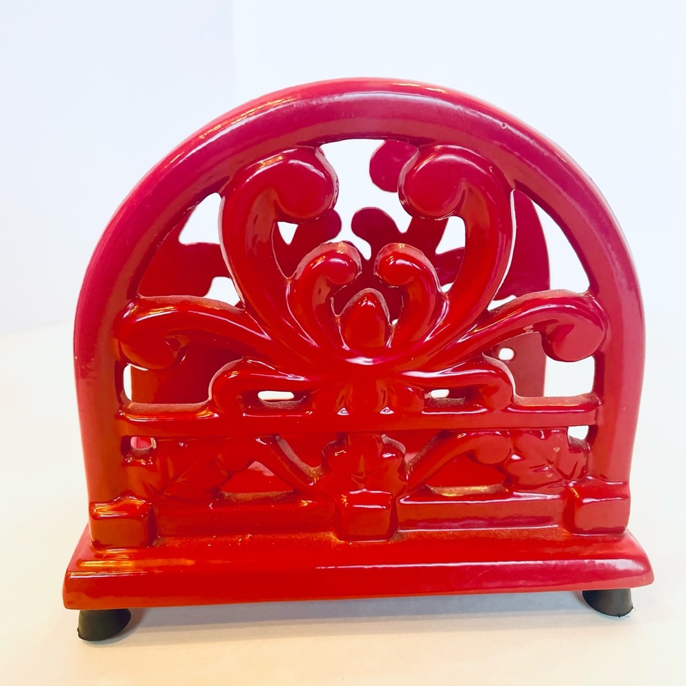 Heavy Made Cast Iron Napkin Holder Home Red Enameled 5” Tall x 5.5” Long - Picture 1 of 7